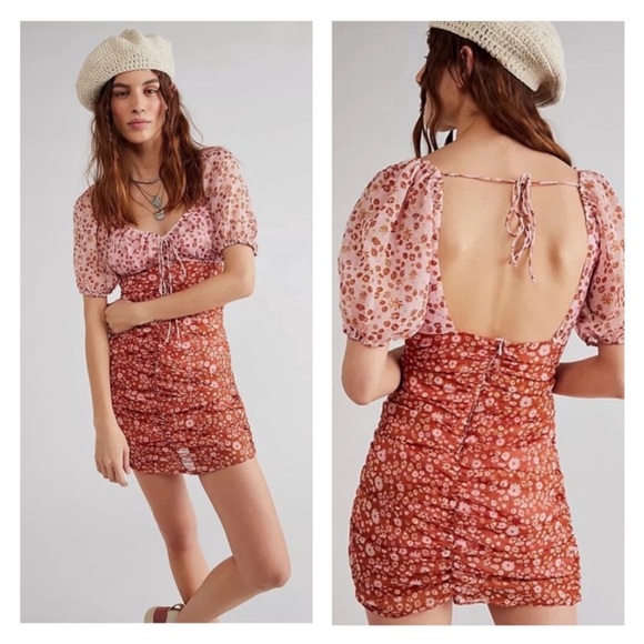 Free People x Revolve Kaley Mini Floral Tie Back Dress size 2 Copper Brown main image 1